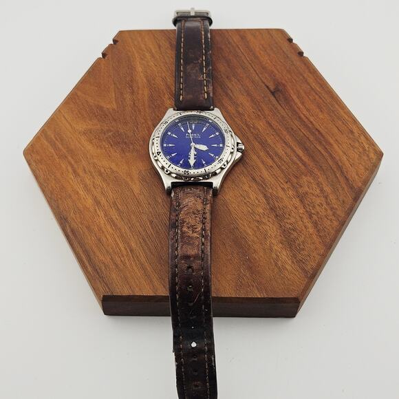 Fossil Men's Silver Tone Chronograph Watch Blue Dial Brown Leather Band AM-3132 - Picture 4 of 6